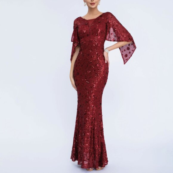 New Burgundy Sequin Mermaid Gown Flutter Sleeve Formal Evening Dress - Picture 4 of 4
